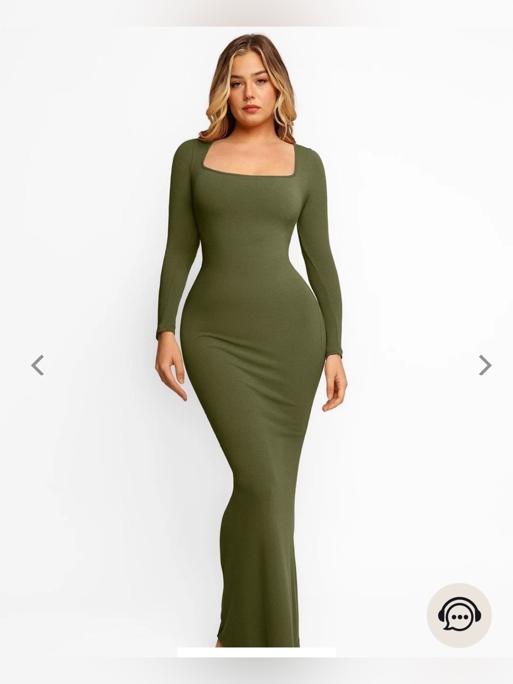Olive Green Long Sleeve Square Neck Modal Shapewear Maxi Dress